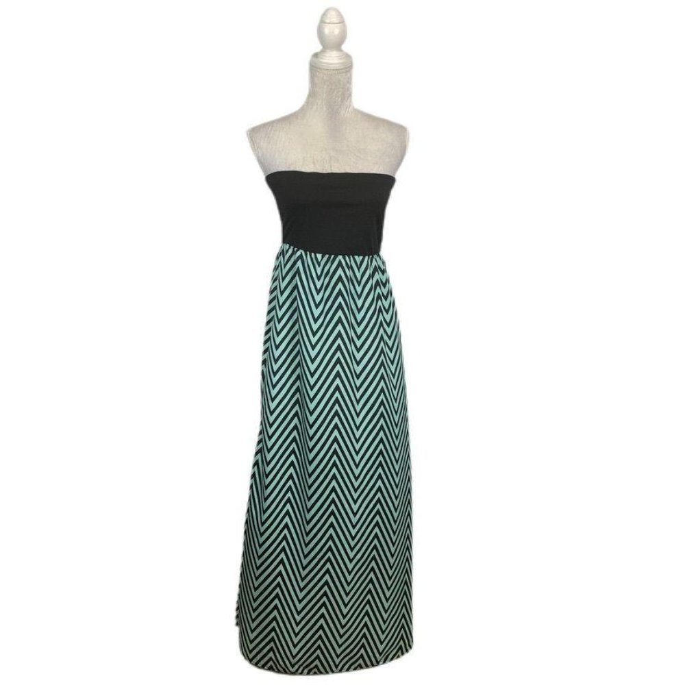 Love, Fire Strapless Chevron Maxi Dress Knit Bust Georgette Skirt Unlined L - Picture 1 of 7